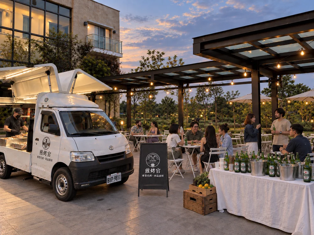 The live-grill cart, buffet table and guest seating at an outdoor LOHERB gathering