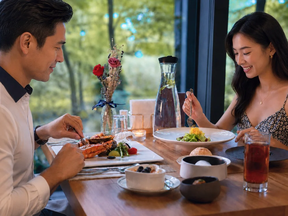 Two guests enjoying a set menu and salad by the window at Loherb Cuisine