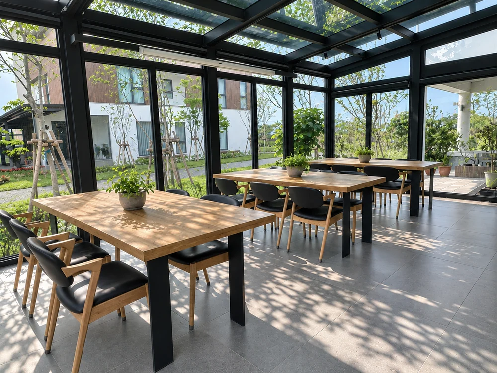 Wooden tables and chairs in the Herb Villa glasshouse, with greenery outside